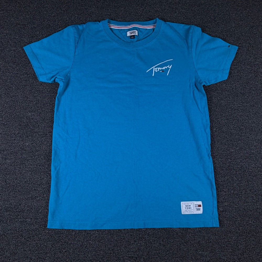 Tommy Jeans T-Shirt Women M DW0DW05802 Teal Blue Script Logo EUC